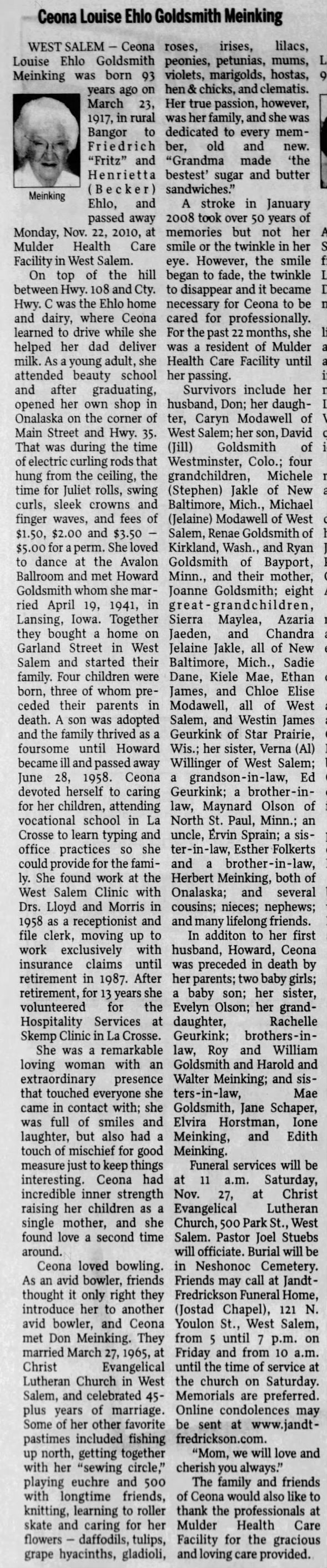 Ceona Louise Ehlo Goldsmith Meinking Obituary